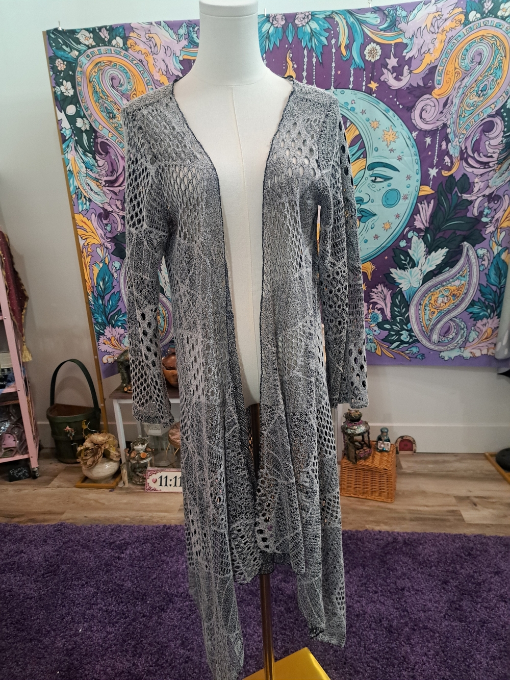 Silver Web Duster • Long Open-Knit Fairy Cardigan • Lily by Firmiana XL